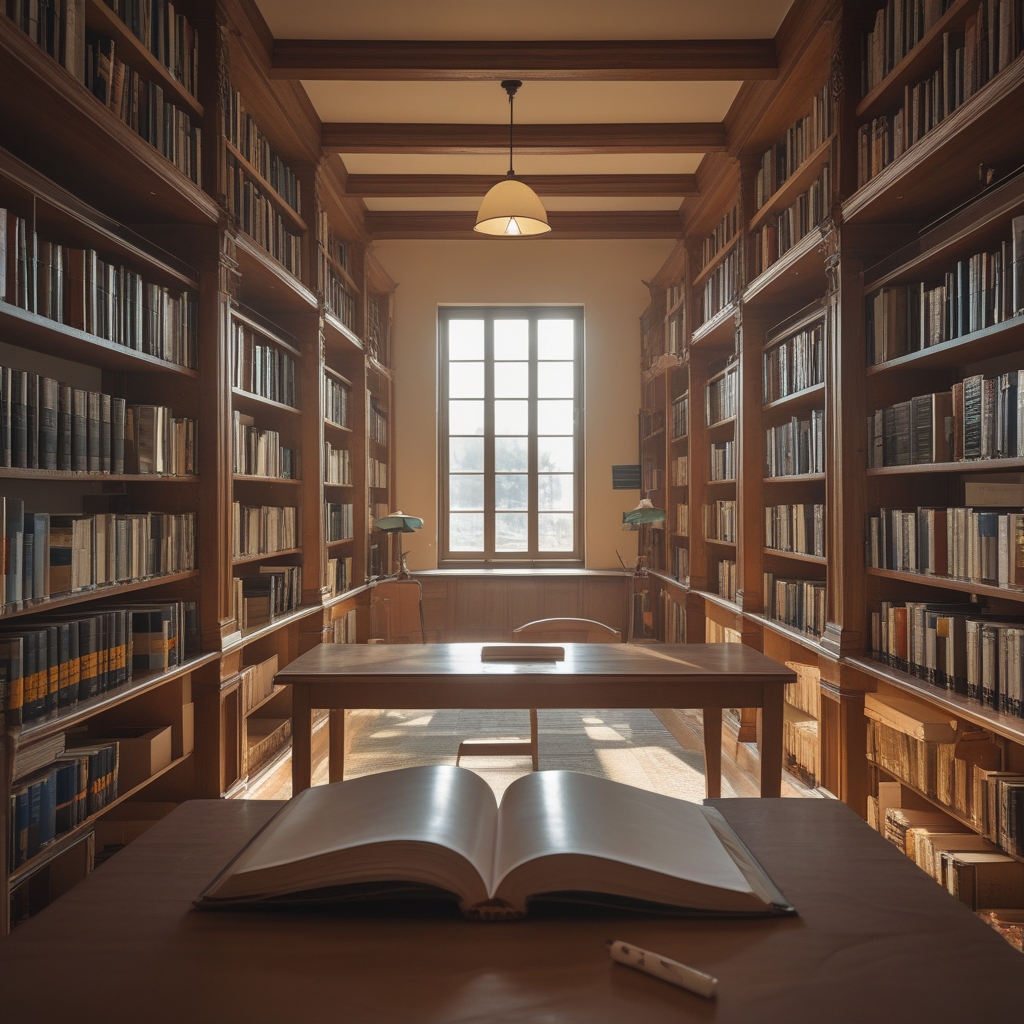 Interior of a well-organised reference library with wooden shelving units filled with books, a reading table with an open notebook and pencil, warm library lamp lighting, calm scholarly atmosphere
