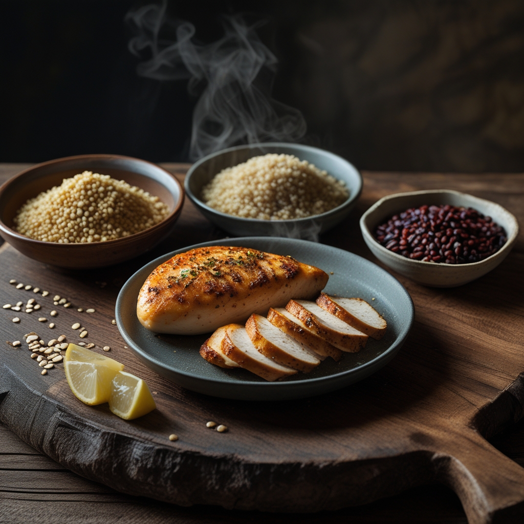 Rustic wooden board with protein-rich whole foods: a cooked chicken breast, a bowl of cooked quinoa, sliced tempeh, and dried legumes in small ceramic bowls, warm side lighting