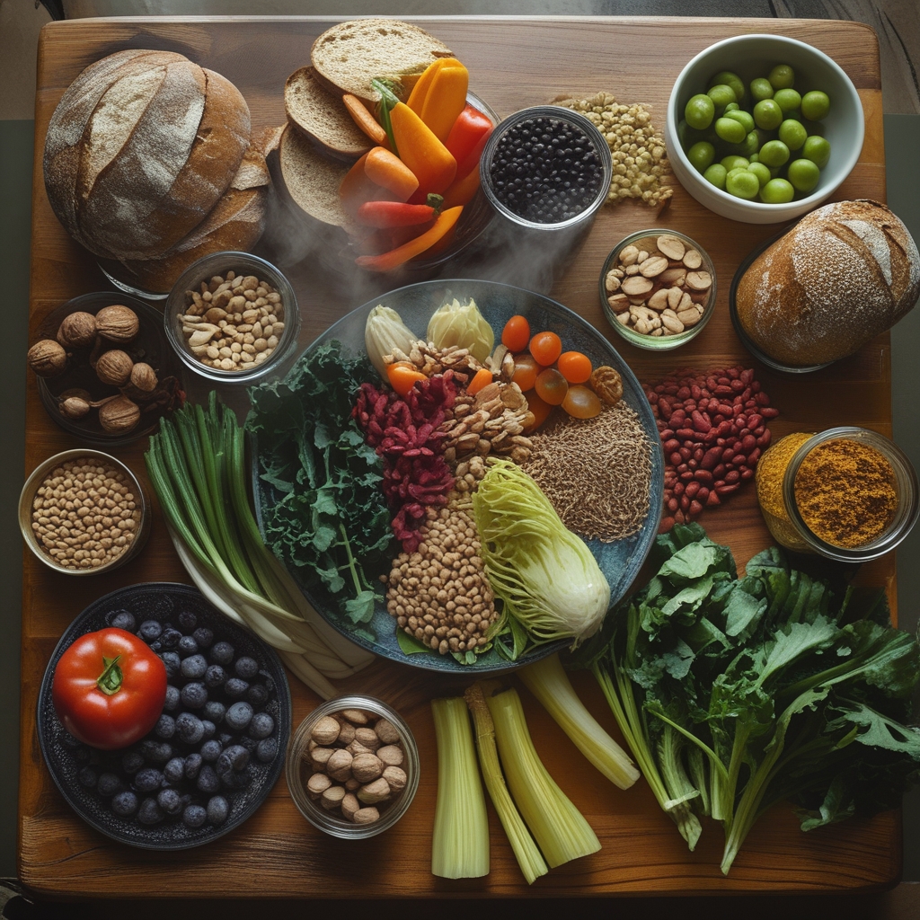 Overhead view of a wooden kitchen counter with a colorful arrangement of fresh vegetables, whole grain bread, legumes in glass jars, and a small bowl of mixed nuts, soft natural daylight