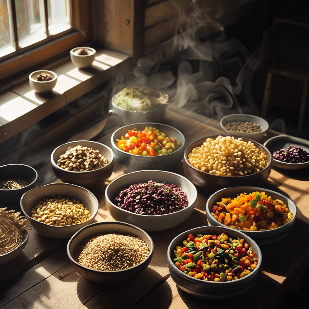 Sunlit wooden kitchen table with an assortment of whole grains, colorful vegetables, nuts, and seeds arranged in ceramic bowls, warm natural light streaming through a nearby window